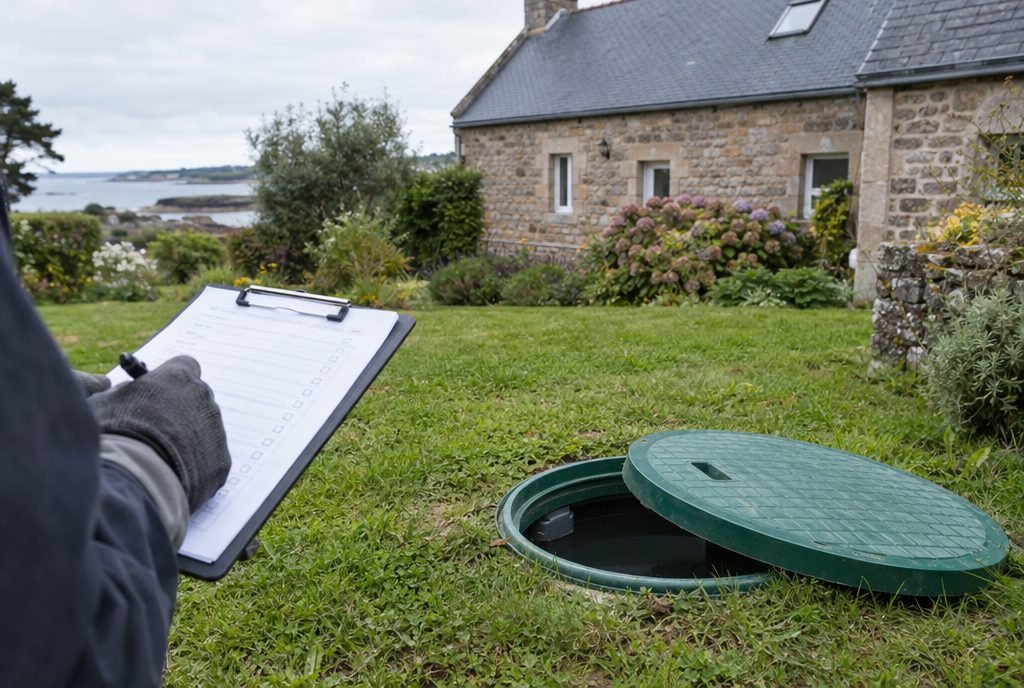 Regard de fosse toutes eaux dans le jardin d'une maison en granit