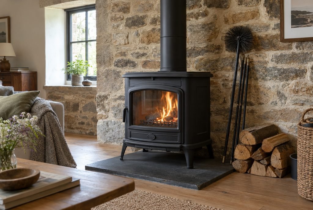 Poêle à bois dans une maison en pierre, hérisson de ramonage posé contre le mur